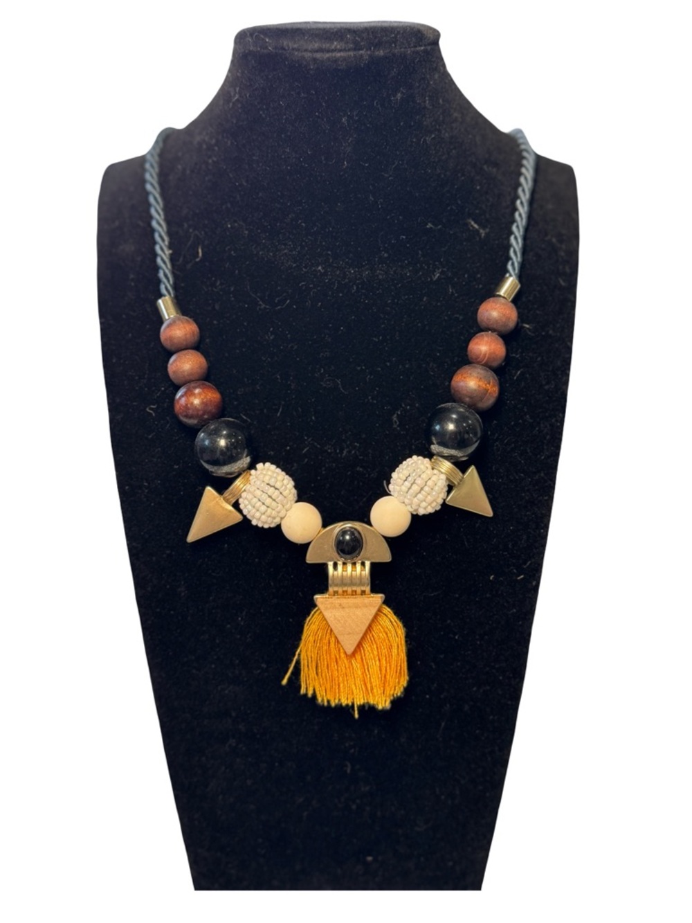🔆🔵 ZARA Handcrafted Bead and Tassel Statement Necklace - Mustard boho accent 🔵🔆